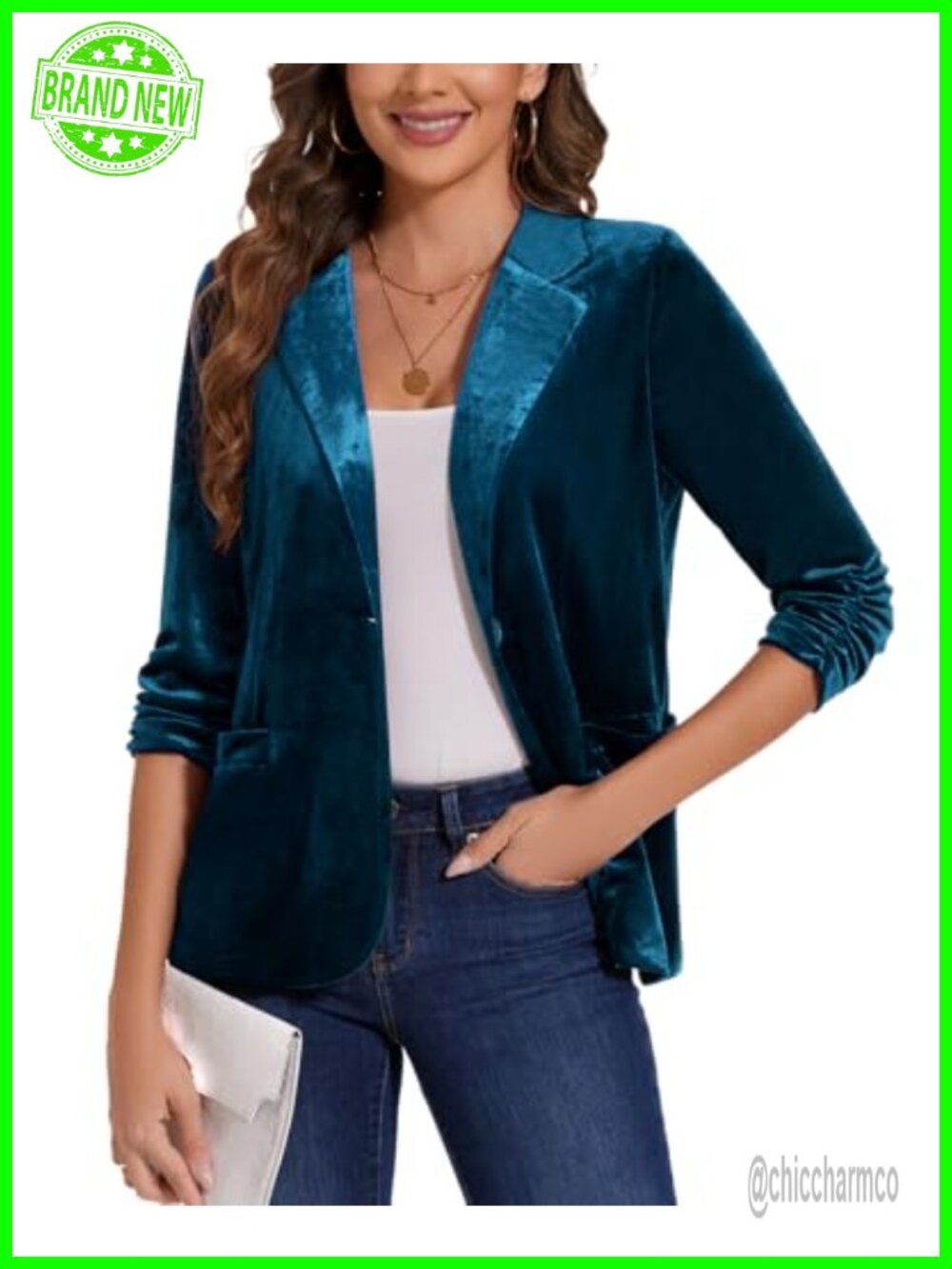 Velvet Blazer 3/4 Sleeve Button Business Casual Jacket